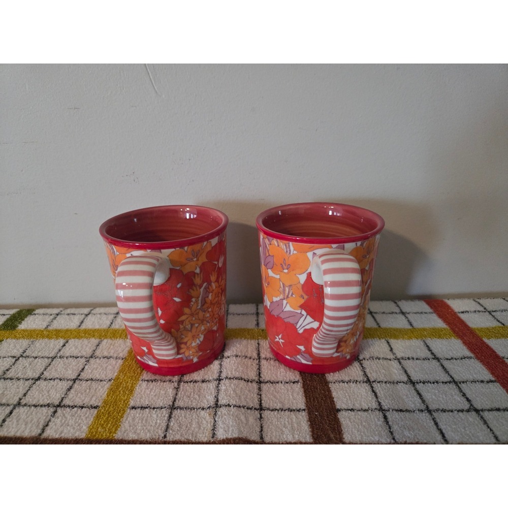 Anthropologie Floral Coffee Mugs Set of 2 Red Orange Pink Striped Handle Ceramic - Picture 2 of 4